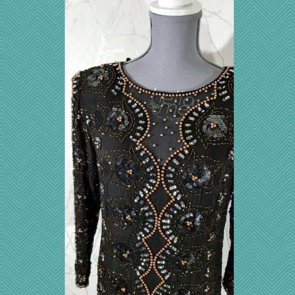 Oleg Cassini Vintage Beaded Sequined Silk Blouse Pasty Disco - Picture 2 of 6